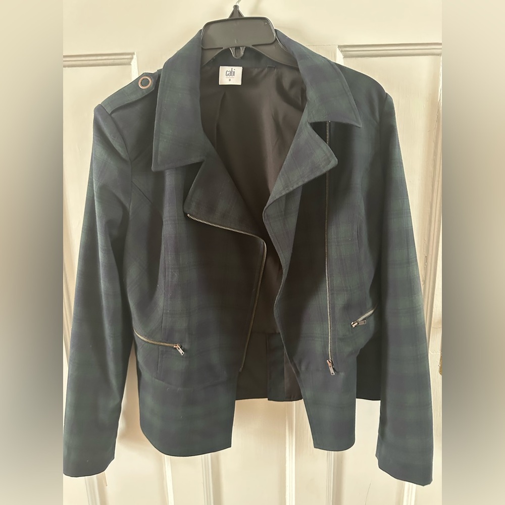 CAbi Dark Plaid Blazer with Zipper Accents